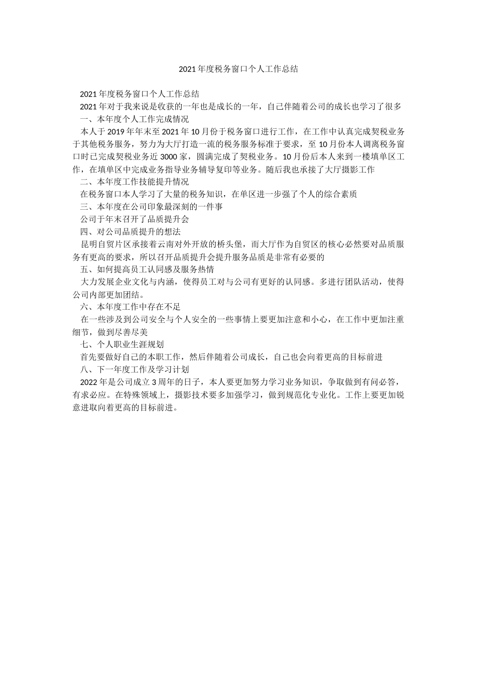2021年度税务窗口个人工作总结.docx_第1页
