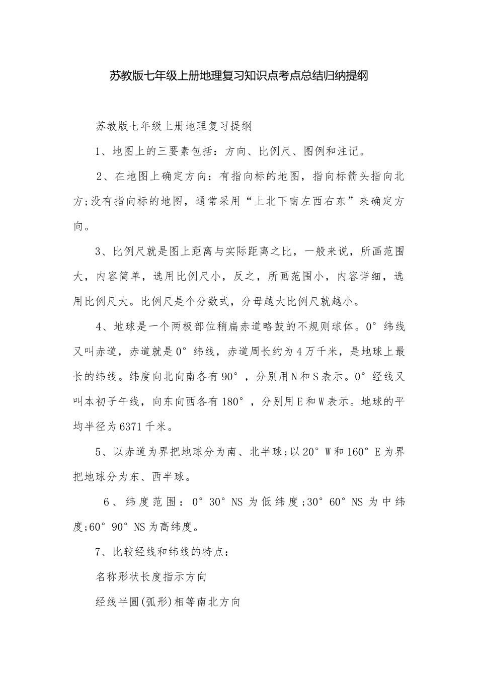 苏教版七年级上册地理复习知识点考点总结归纳提纲.docx_第1页