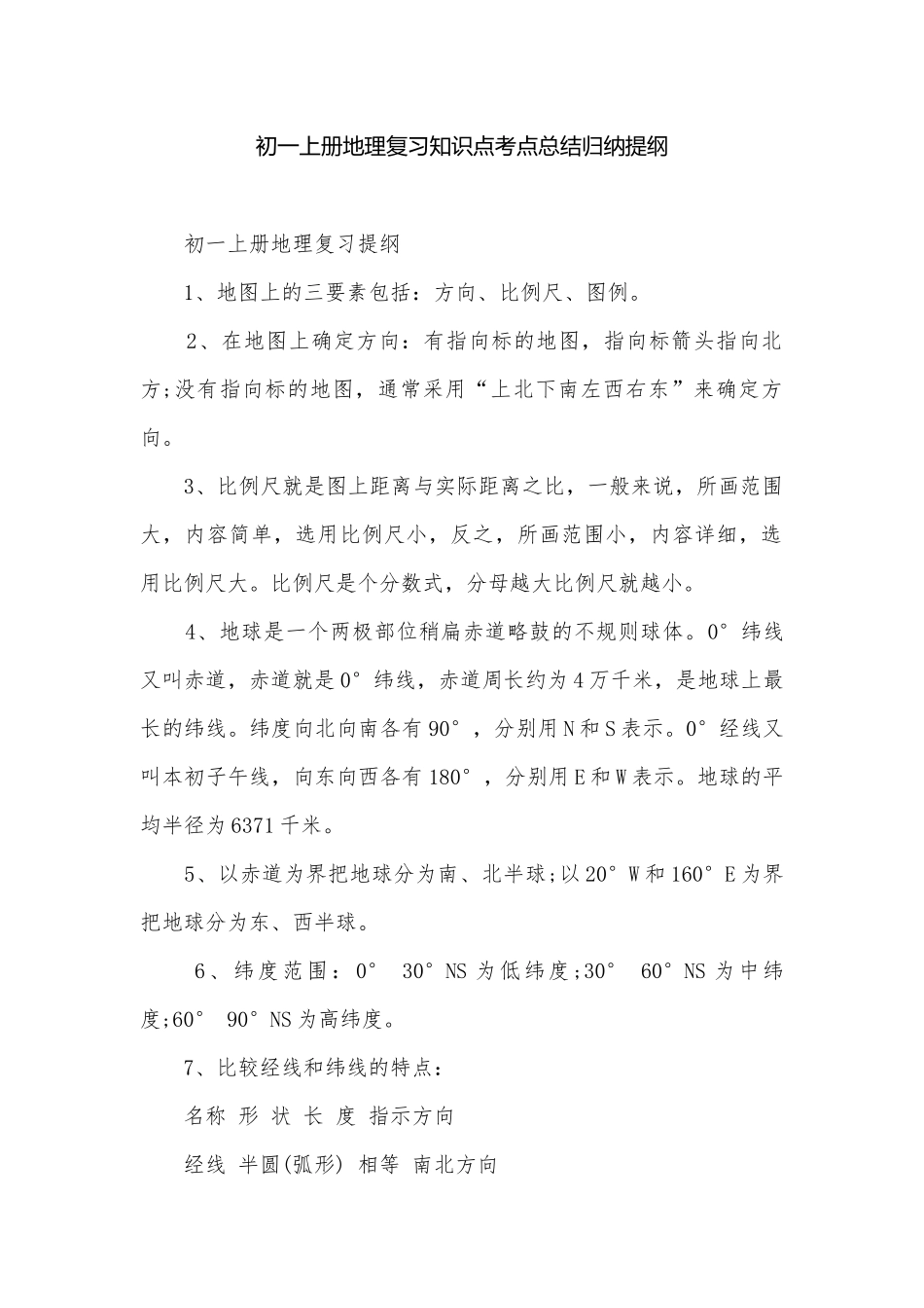 初一上册地理复习知识点考点总结归纳提纲.docx_第1页