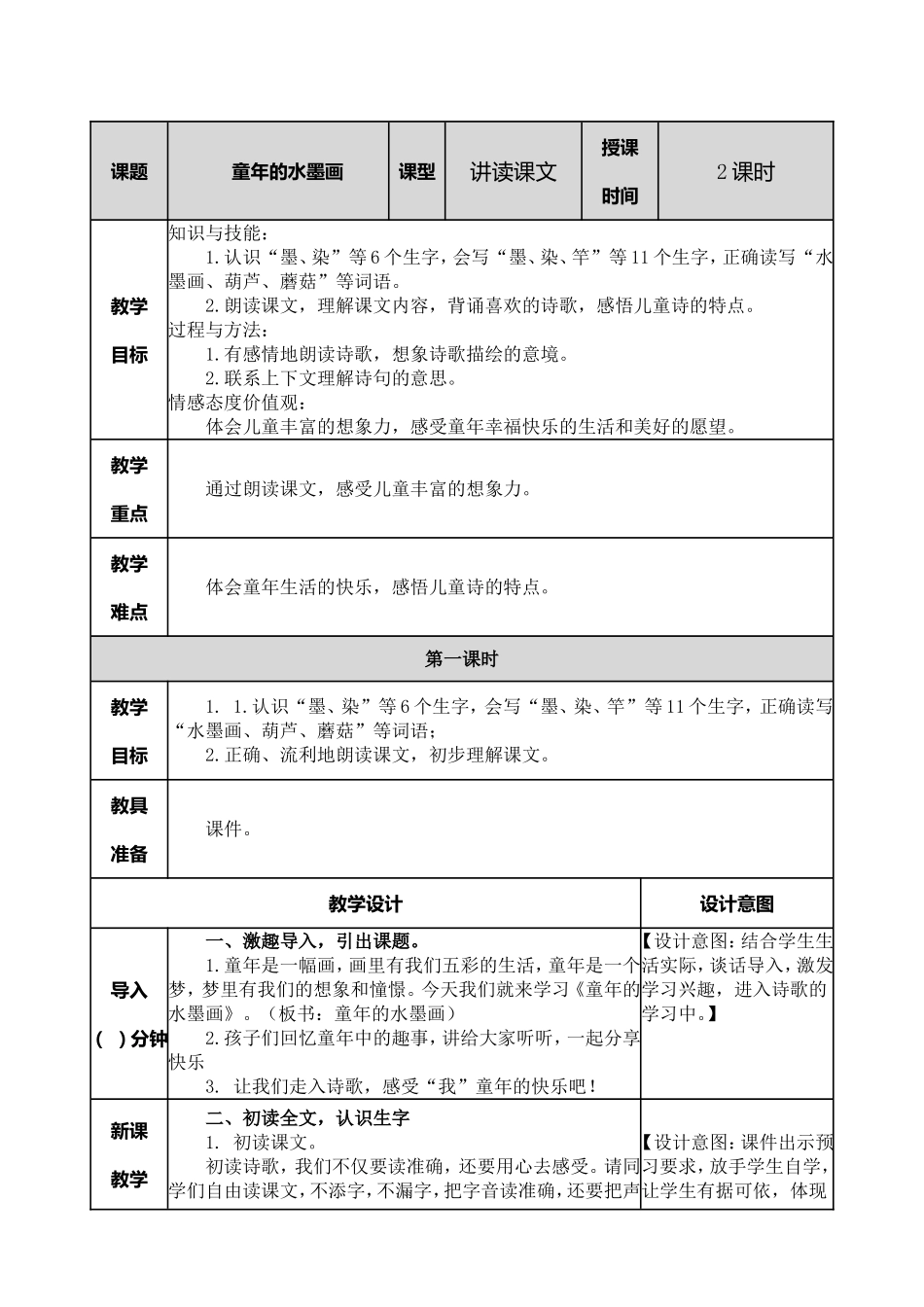 小学语文三年级下18 童年的水墨画教案.doc_第1页