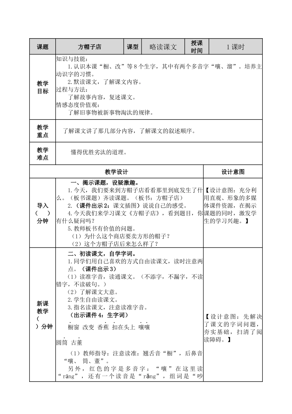 小学语文三年级下26 方帽子店教案.docx_第1页