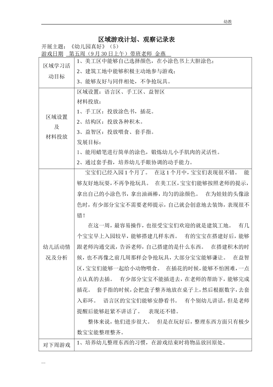 小幼教小班班下学期区域游戏观察记录.doc_第1页