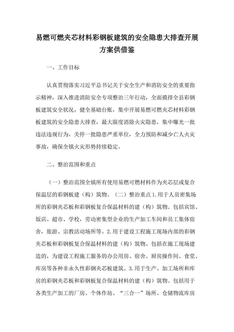 易燃可燃夹芯材料彩钢板建筑的安全隐患大排查开展方案供借鉴.docx_第1页