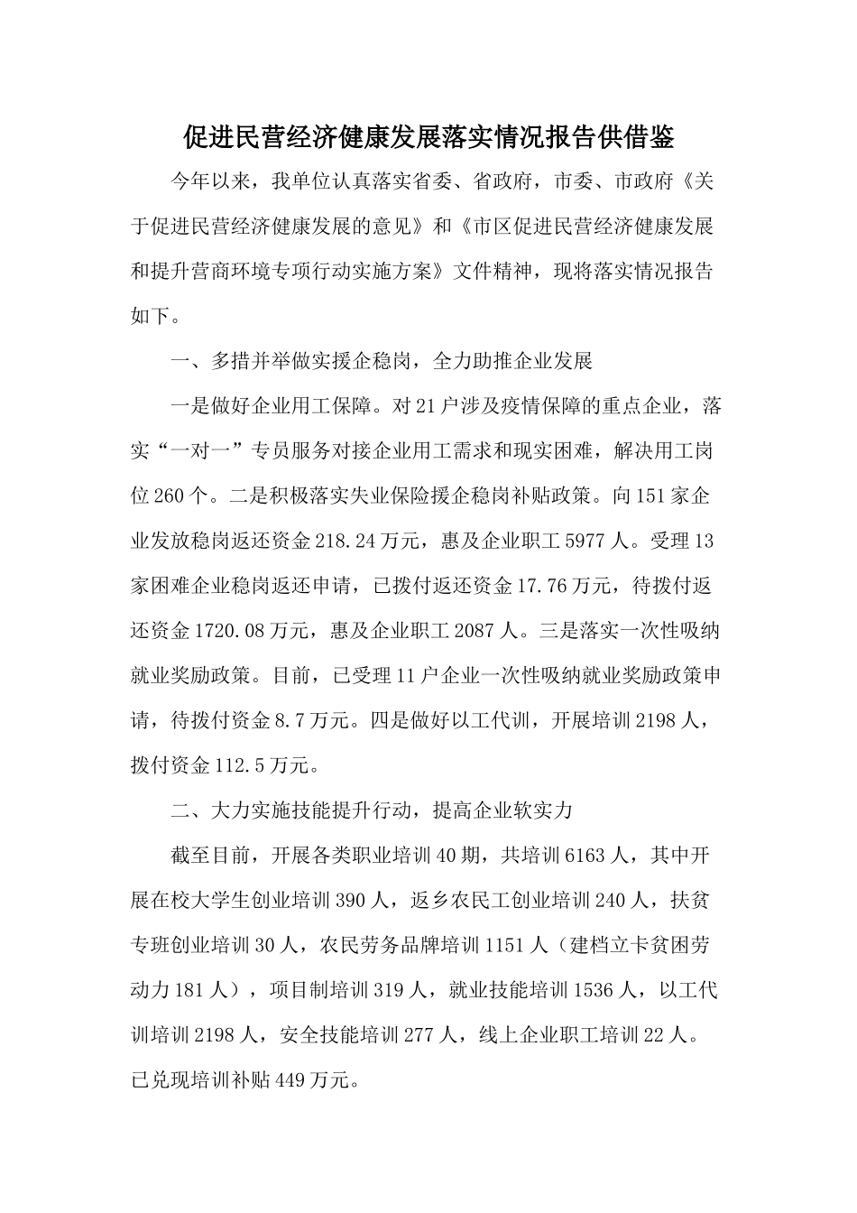 促进民营经济健康发展落实情况报告供借鉴.docx_第1页