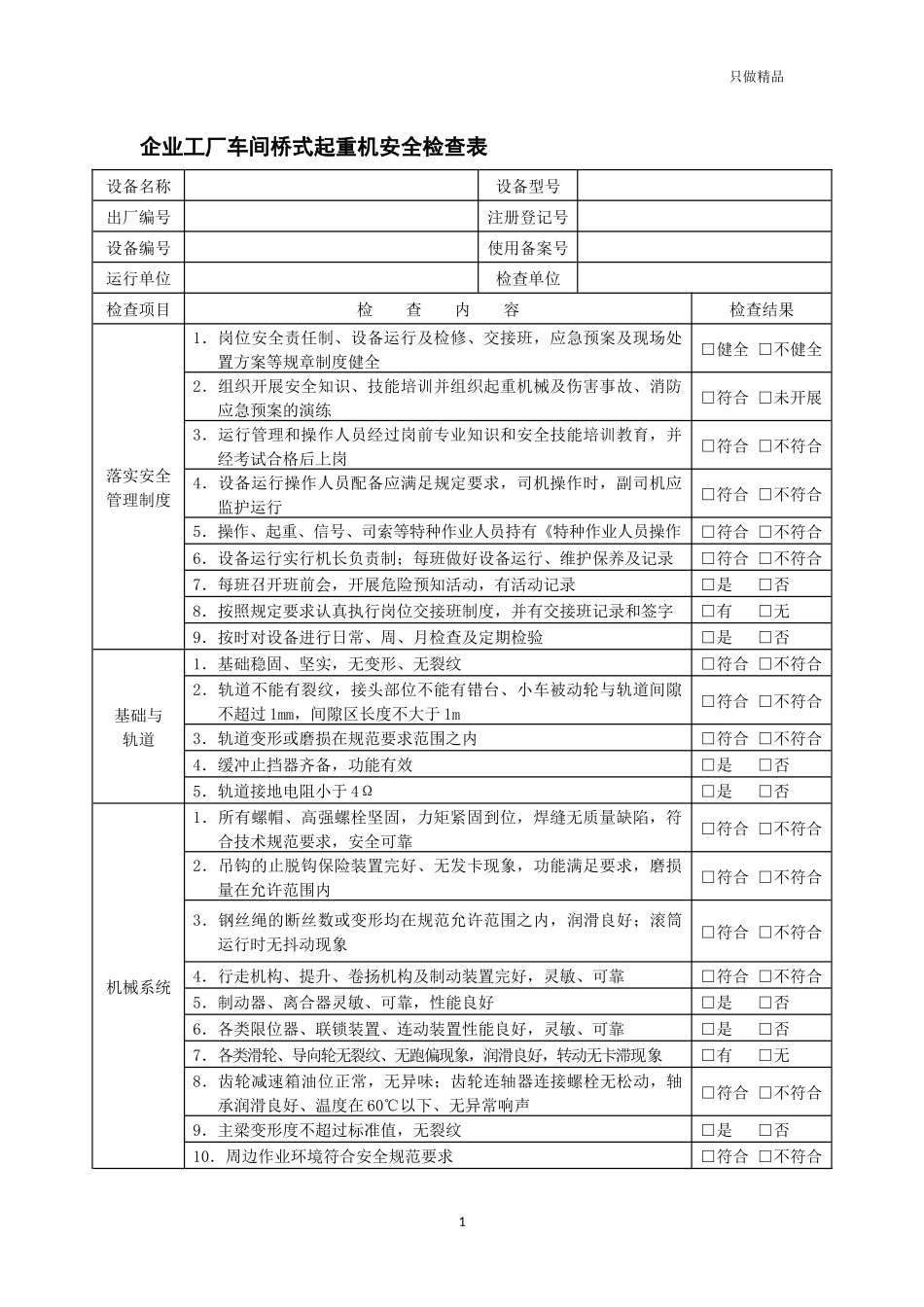 企业工厂车间桥式起重机安全检查表.docx_第1页