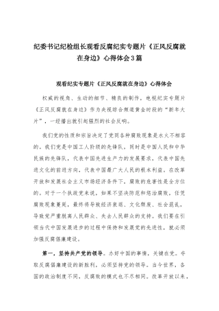 纪委书记纪检组长观看反腐纪实专题片《正风反腐就在身边》心得体会3篇.docx