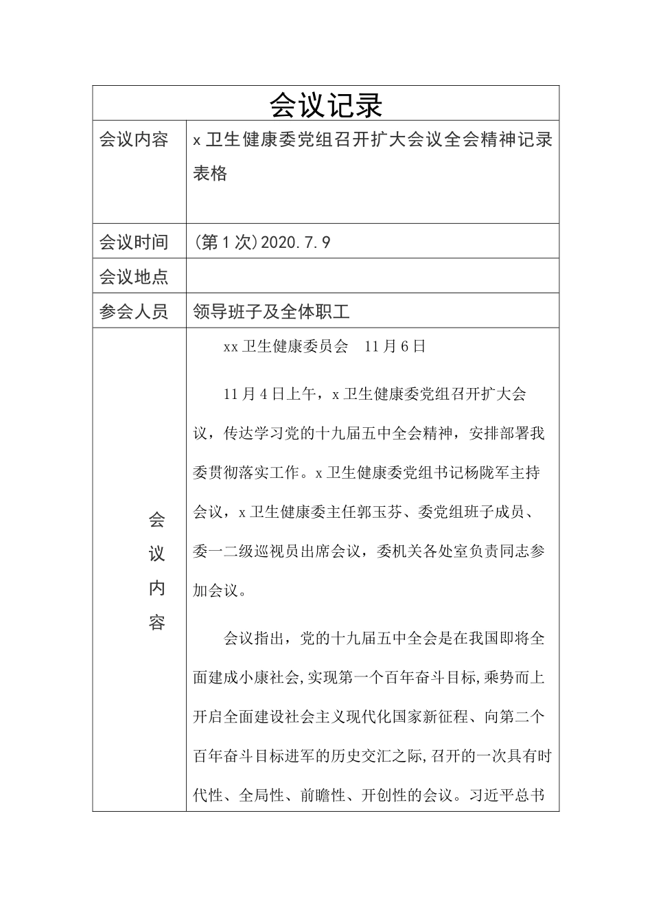 2020年2x卫生健康委党组召开扩大会议全会精神会议记录表格.docx_第1页