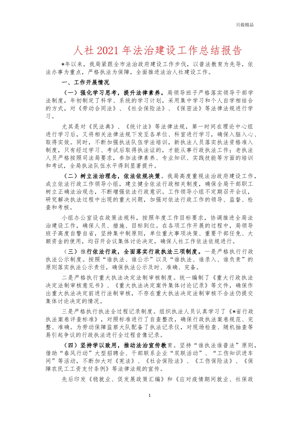 人社2021年法治建设工作总结报告.docx_第1页