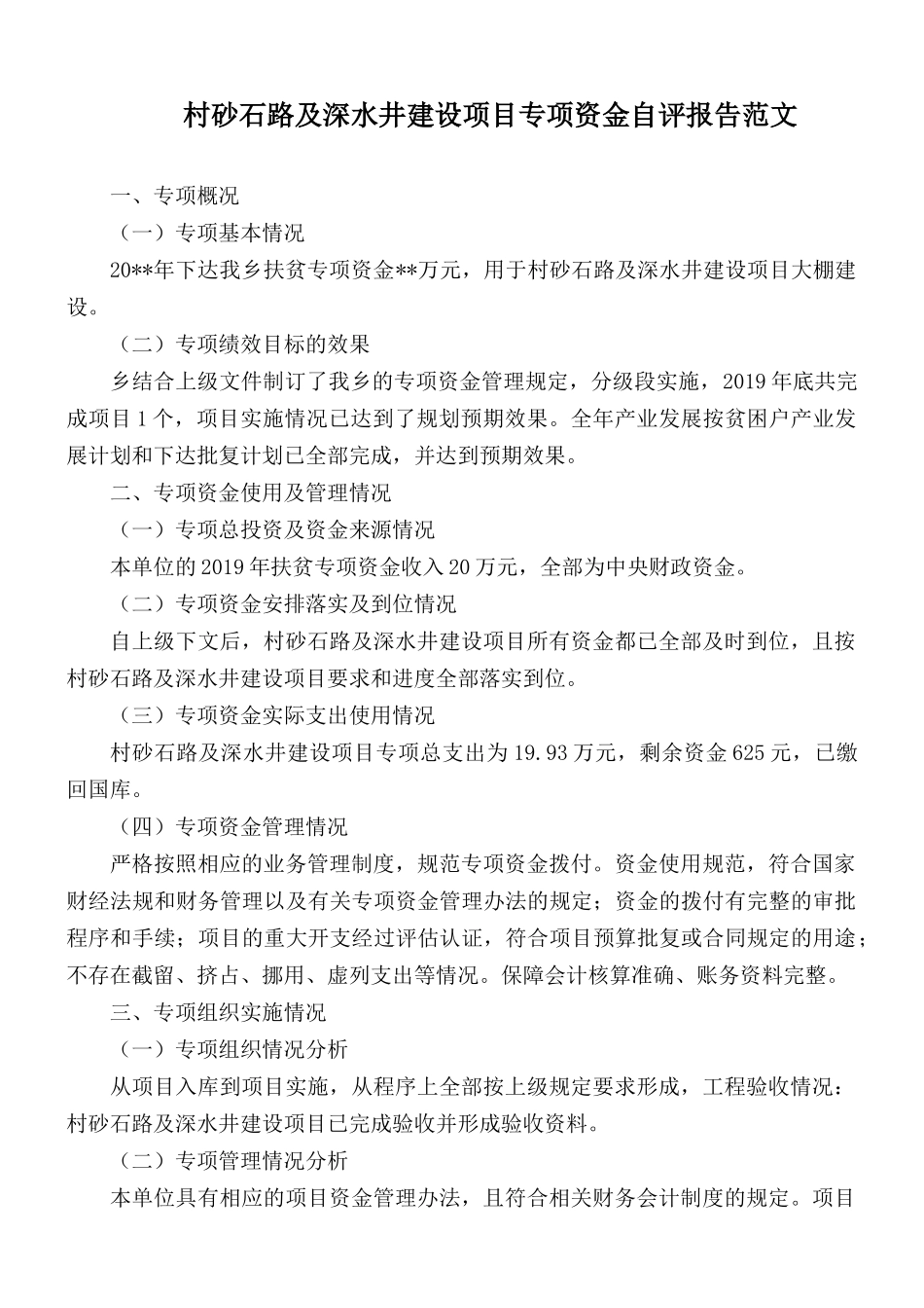 村砂石路及深水井建设项目专项资金自评报告范文.docx_第1页