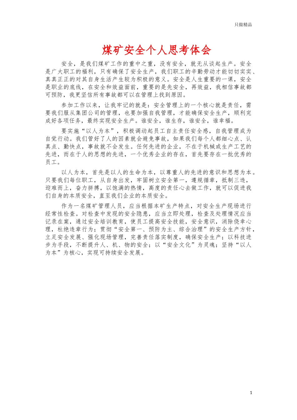 煤矿安全个人思考体会.docx_第1页