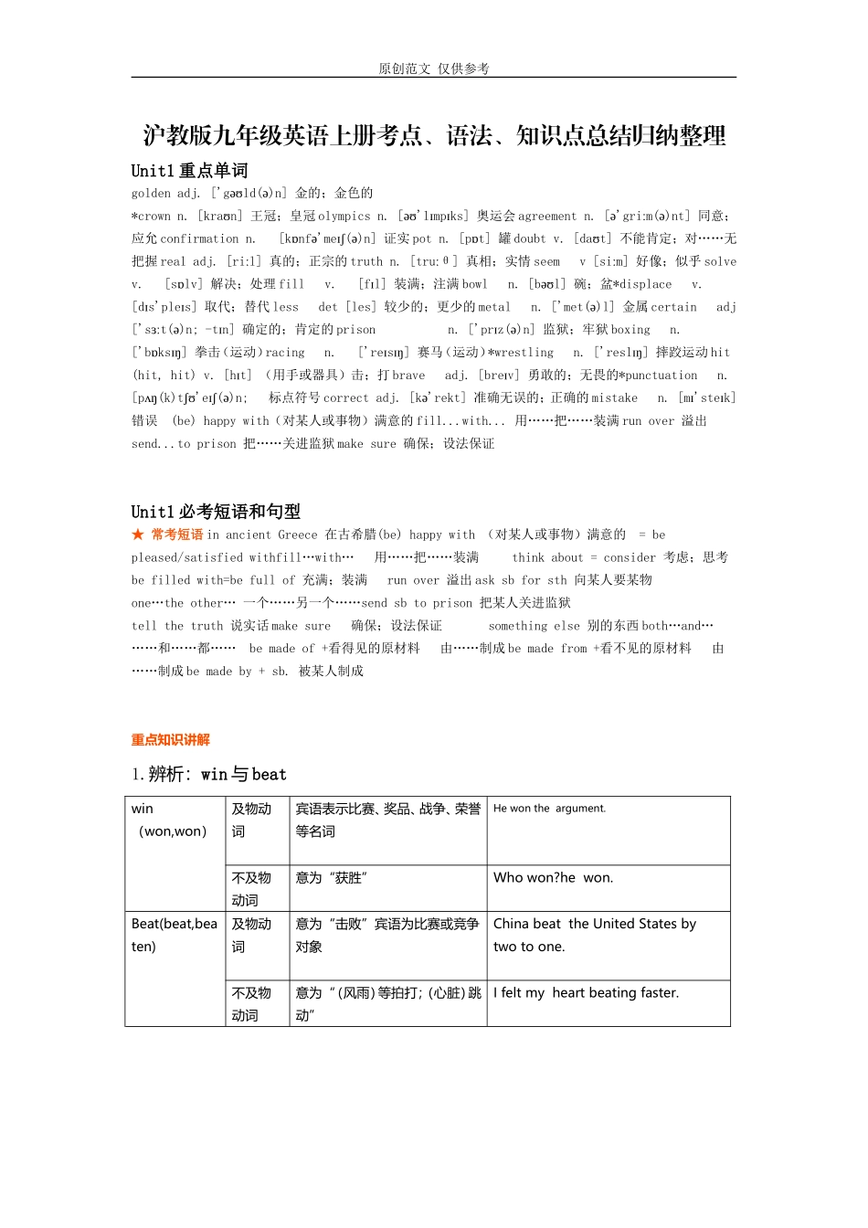 （原创）沪教版九年级第一学期英语上册考点语法知识点总结归纳整理.doc_第1页