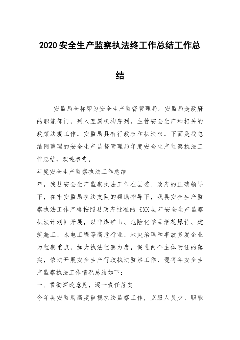 2021安全生产监察执法终工作总结工作总结.docx_第1页
