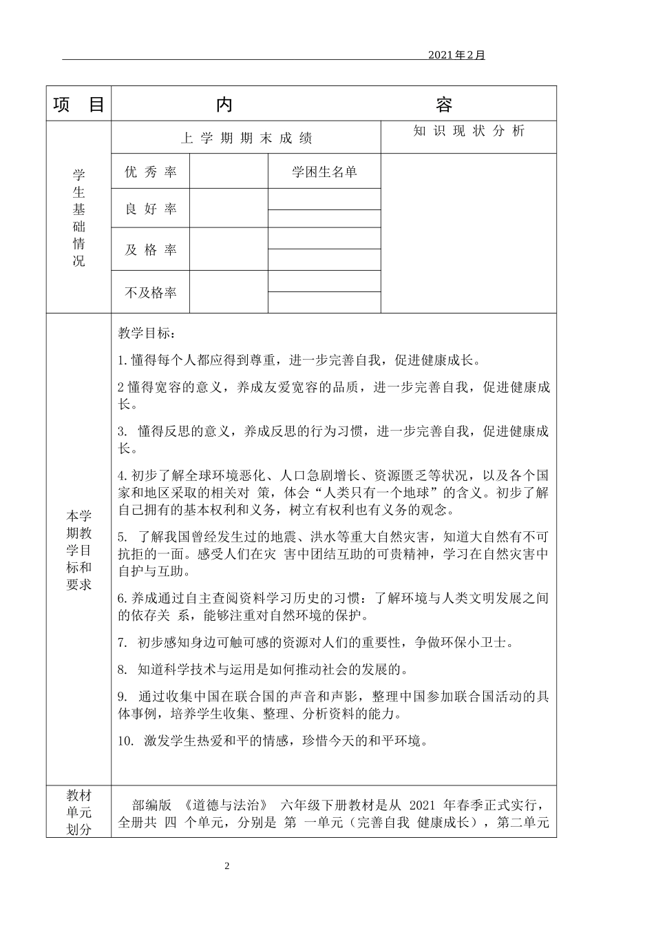 2021年春部编小学六年级(下)《道德与法治》全册教案.docx_第2页