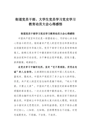 街道党员干部、大学生党员学习党史学习教育动员大会心得感悟.docx