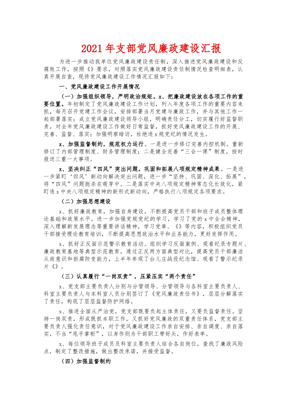 2021年支部党风廉政建设汇报.docx_第1页