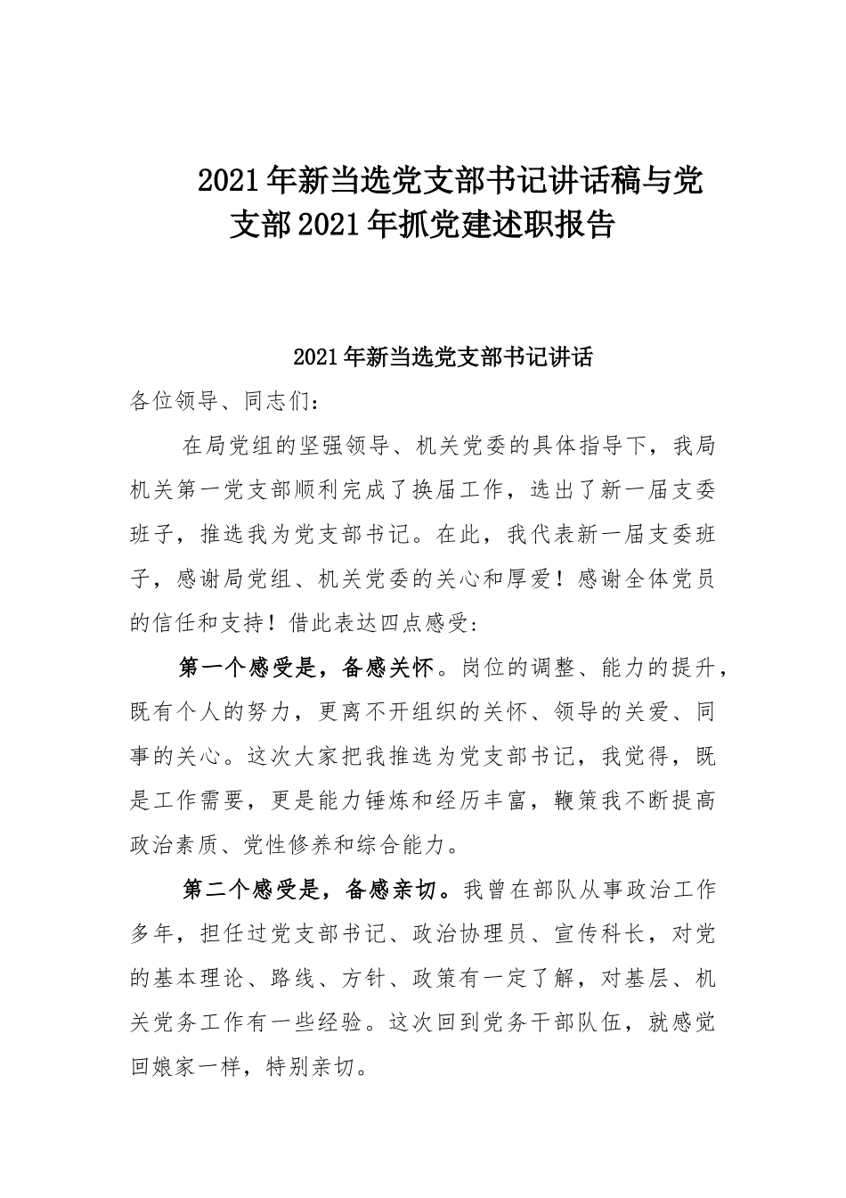 2021年新当选党支部书记讲话稿与党支部2021年抓党建述职报告.docx_第1页