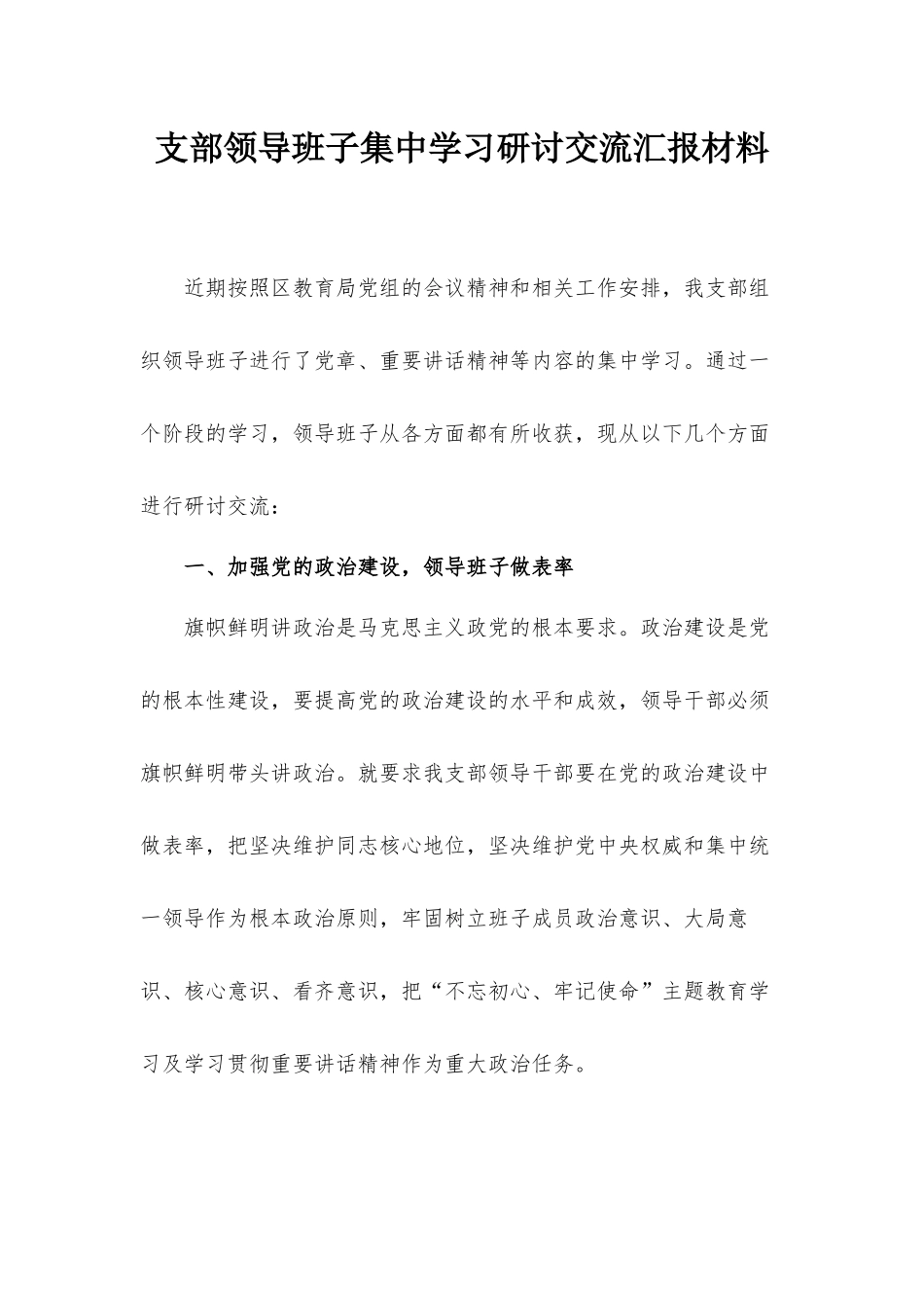 支部领导班子集中学习研讨交流汇报材料.docx_第1页