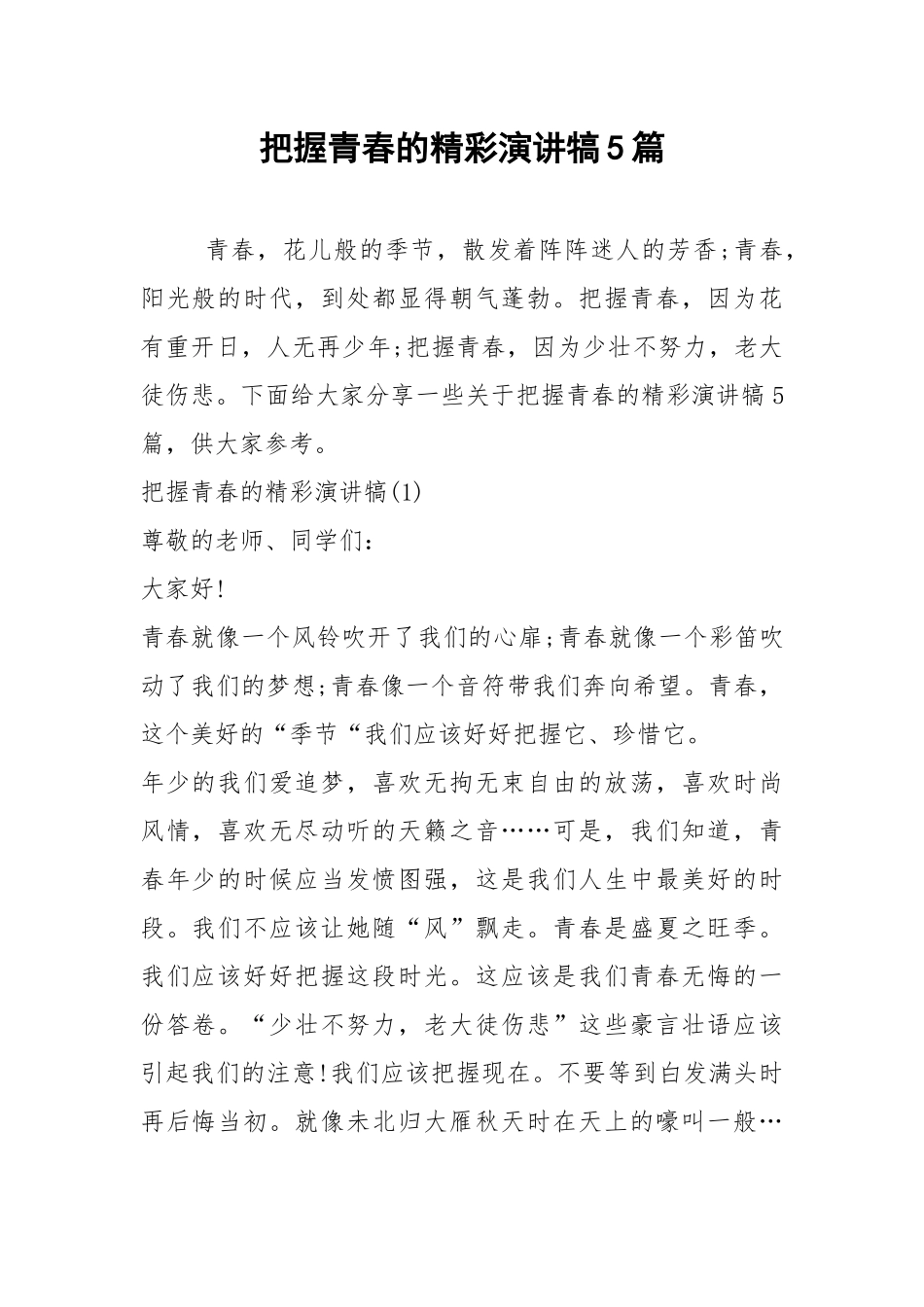 2021把握青春的精彩演讲犒篇.docx_第1页