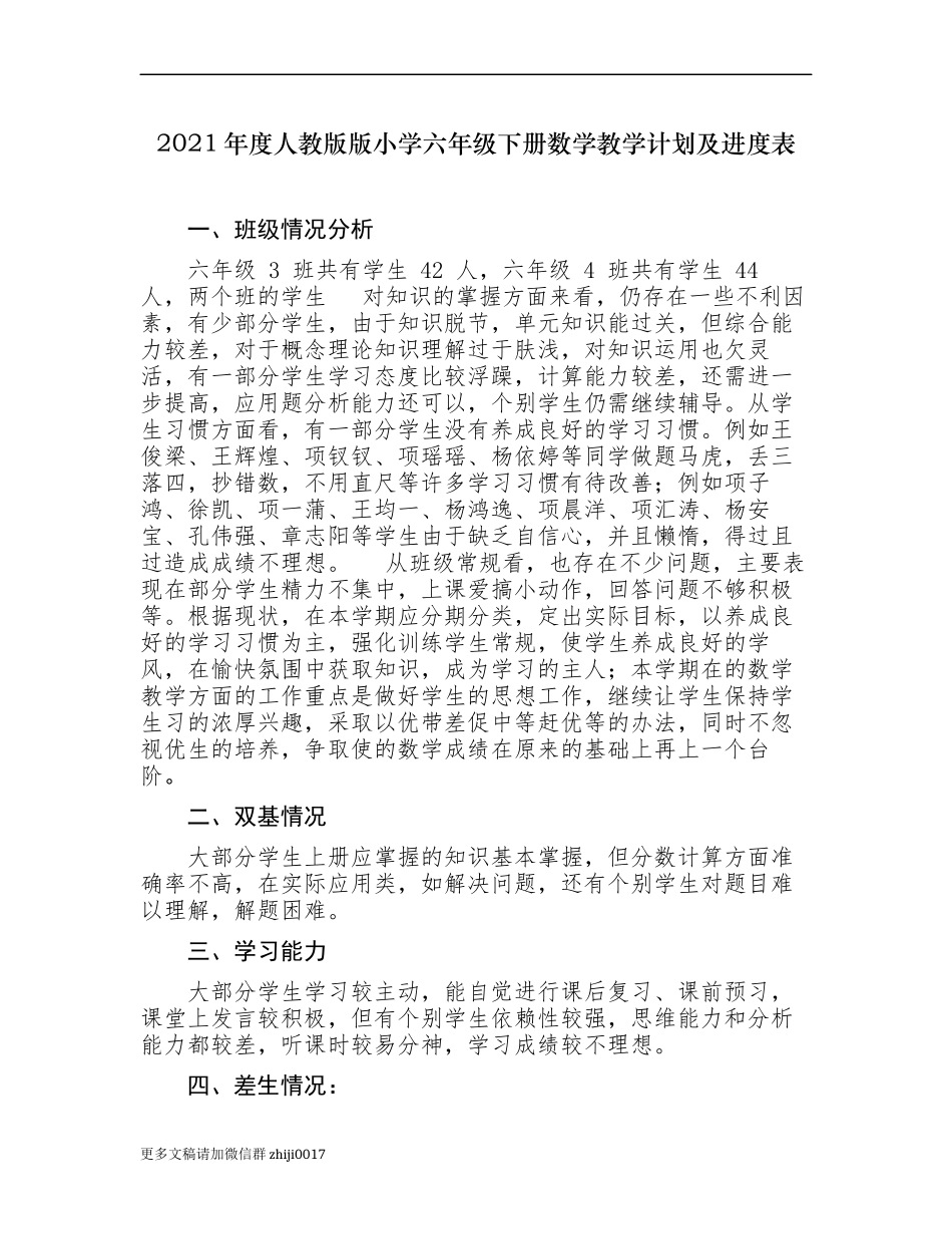 最新2021年度人教统编版版小学六年级下册数学教学计划及进度表模板范文.docx_第1页