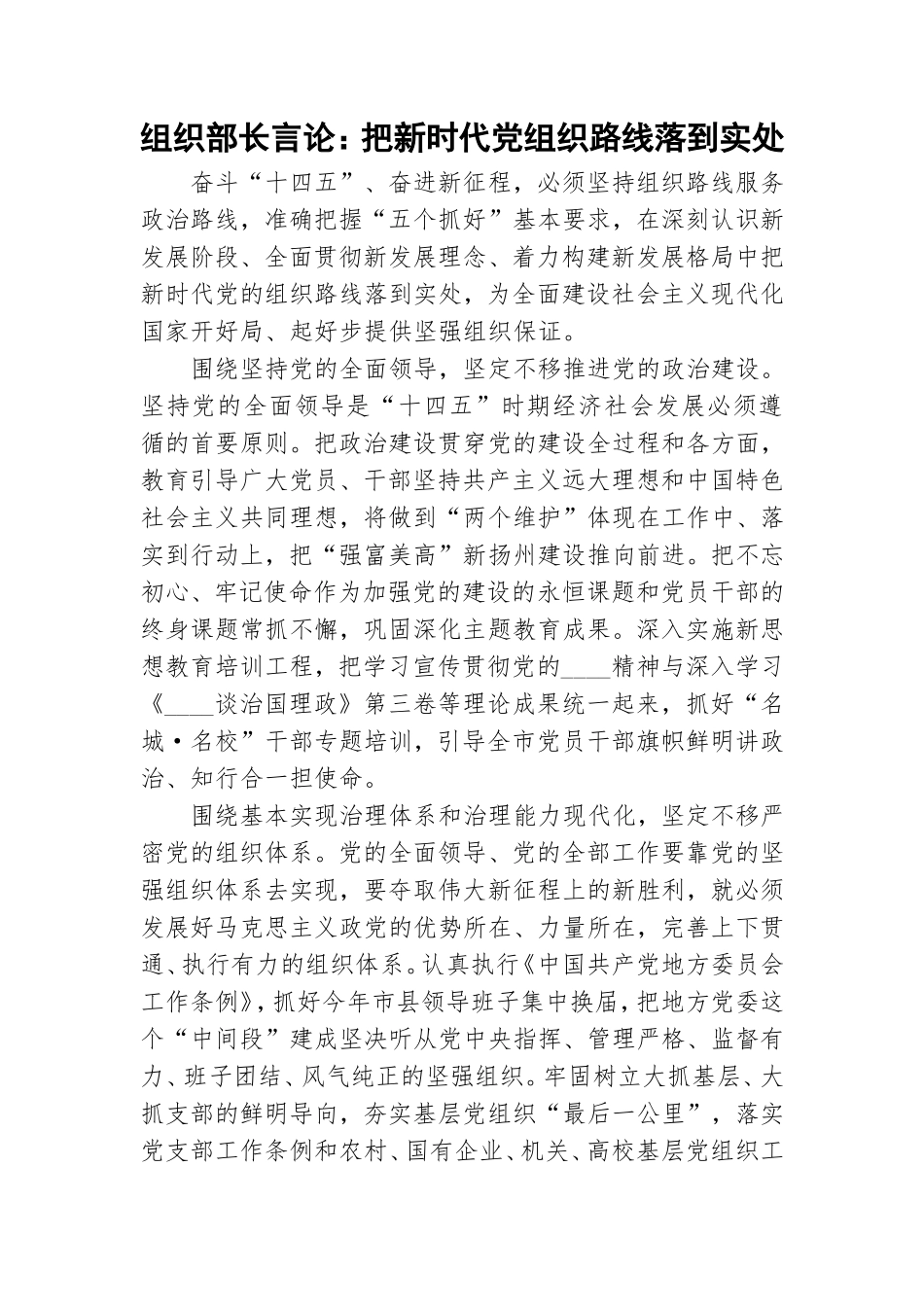 组织部长言论：把新时代党组织路线落到实处.doc_第1页