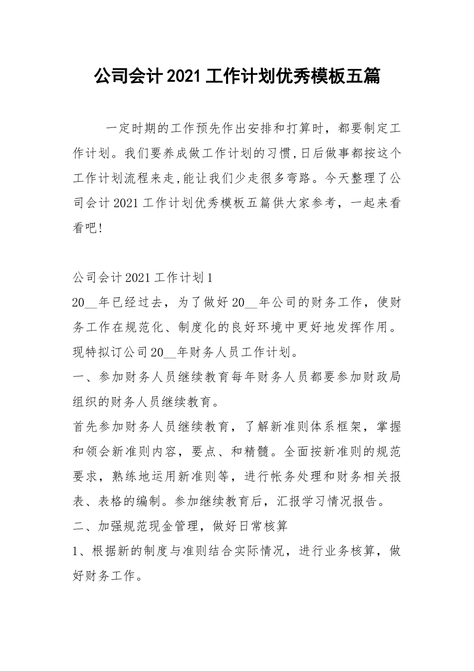 2021年公司会计2021工作计划优秀模板五篇.docx_第1页