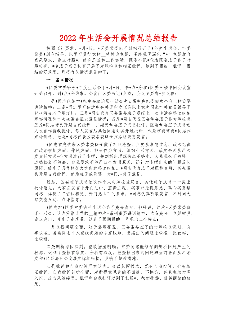 2022年生活会开展情况总结报告.docx_第1页