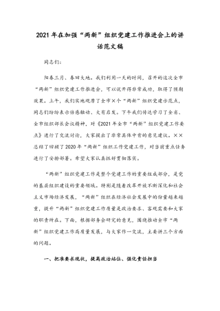 2021年在加强“两新”组织党建工作推进会上的讲话范文稿.docx