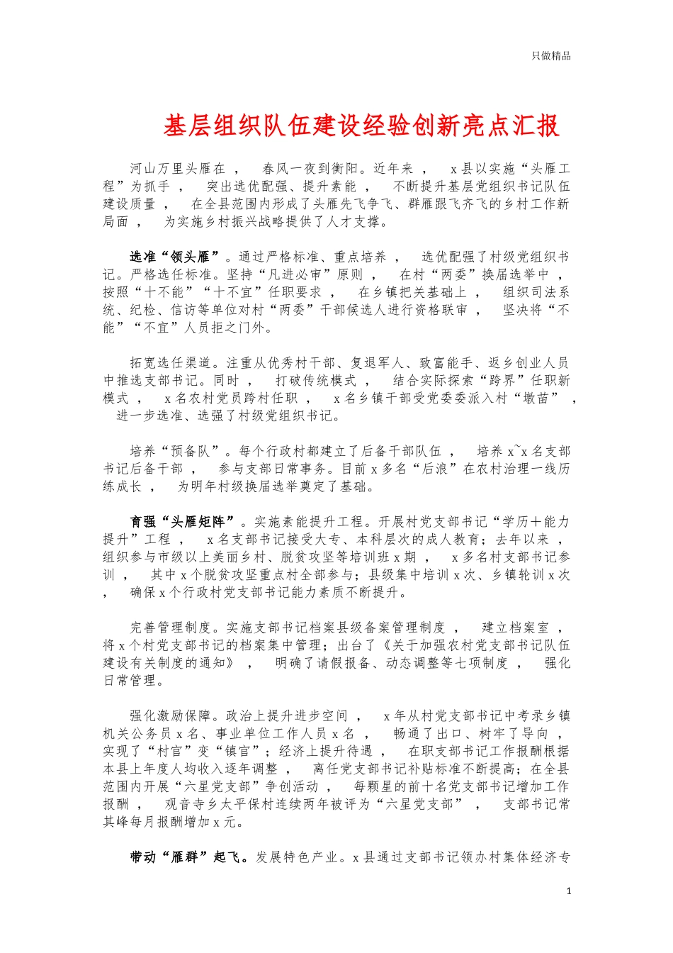 xzjphb基层组织队伍建设经验创新亮点汇报.docx_第1页