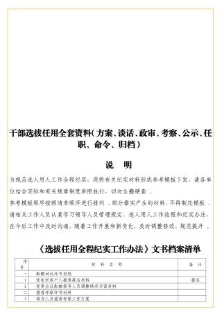干部选拔任用全套资料（方案、谈话、政审、考察、公示、任职、命令、归档）.doc