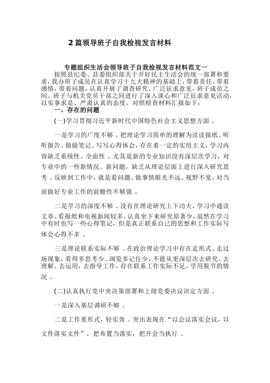 综合2篇领导班子自我检视发言材料.doc_第1页