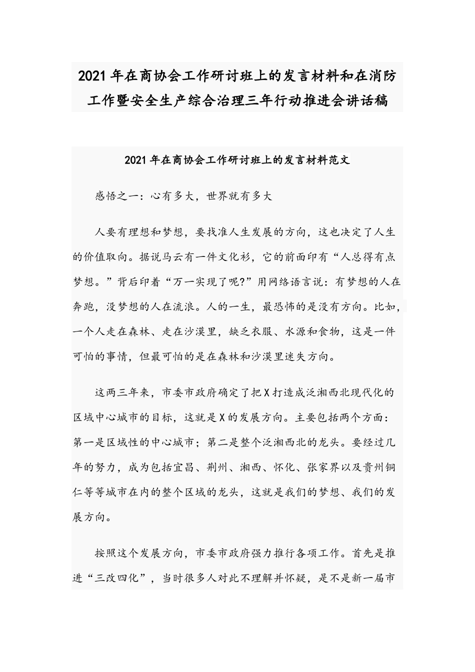 2021年在商协会工作研讨班上的发言材料和在消防工作暨安全生产综合治理三年行动推进会讲话稿.docx_第1页