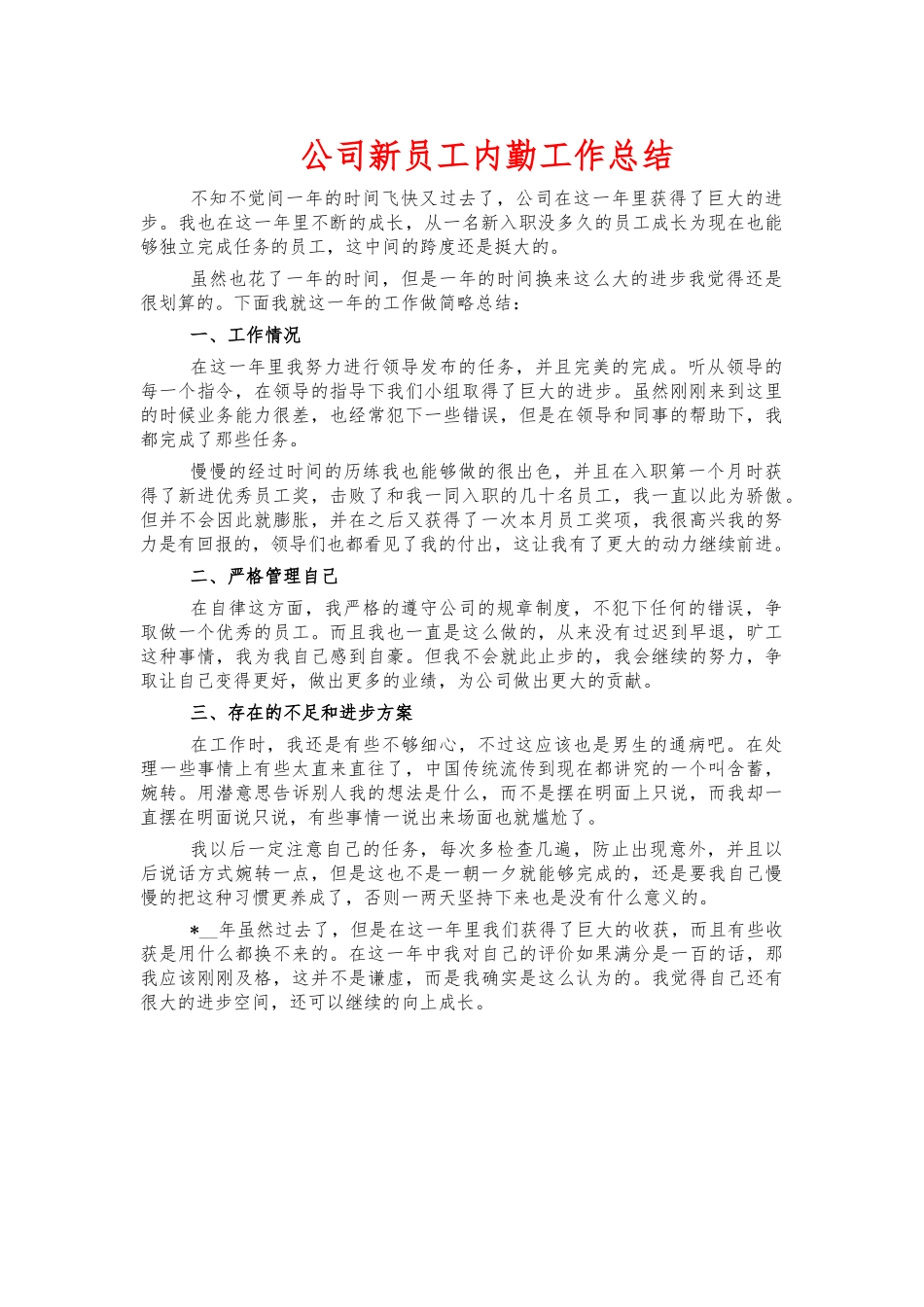 公司新员工内勤工作总结.docx_第1页