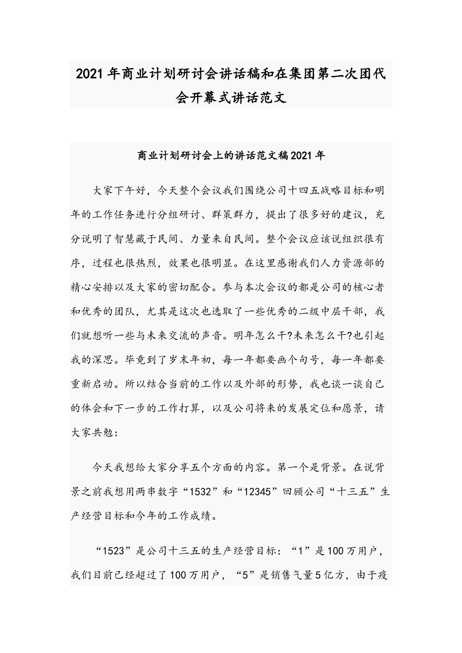 2021年商业计划研讨会讲话稿和在集团第二次团代会开幕式讲话范文.docx_第1页