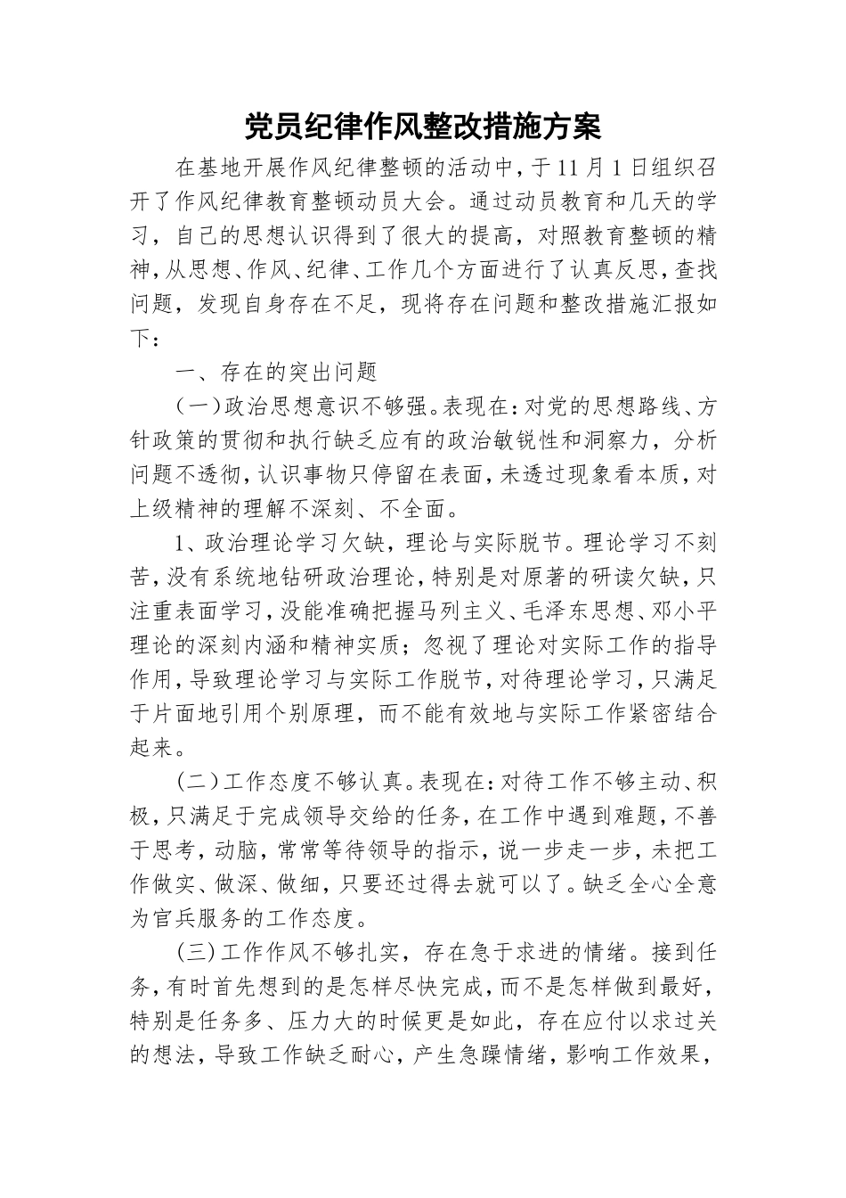 党员纪律作风整改措施方案.doc_第1页