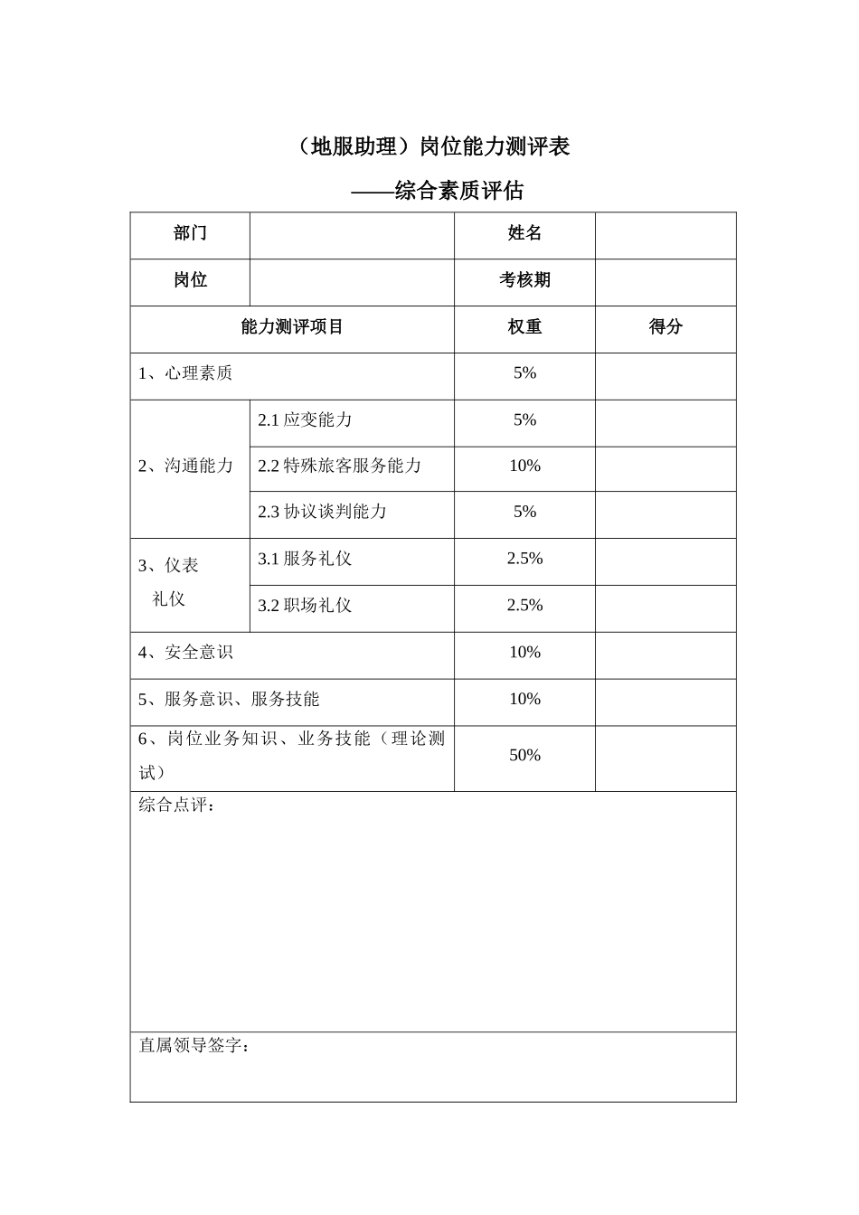 地服助理岗位能力测评表——综合素质评估.docx_第1页