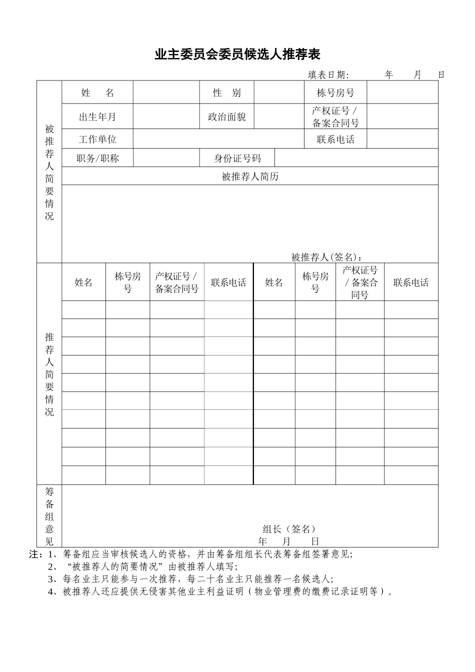 业主委员会委员候选人推荐表.docx_第1页