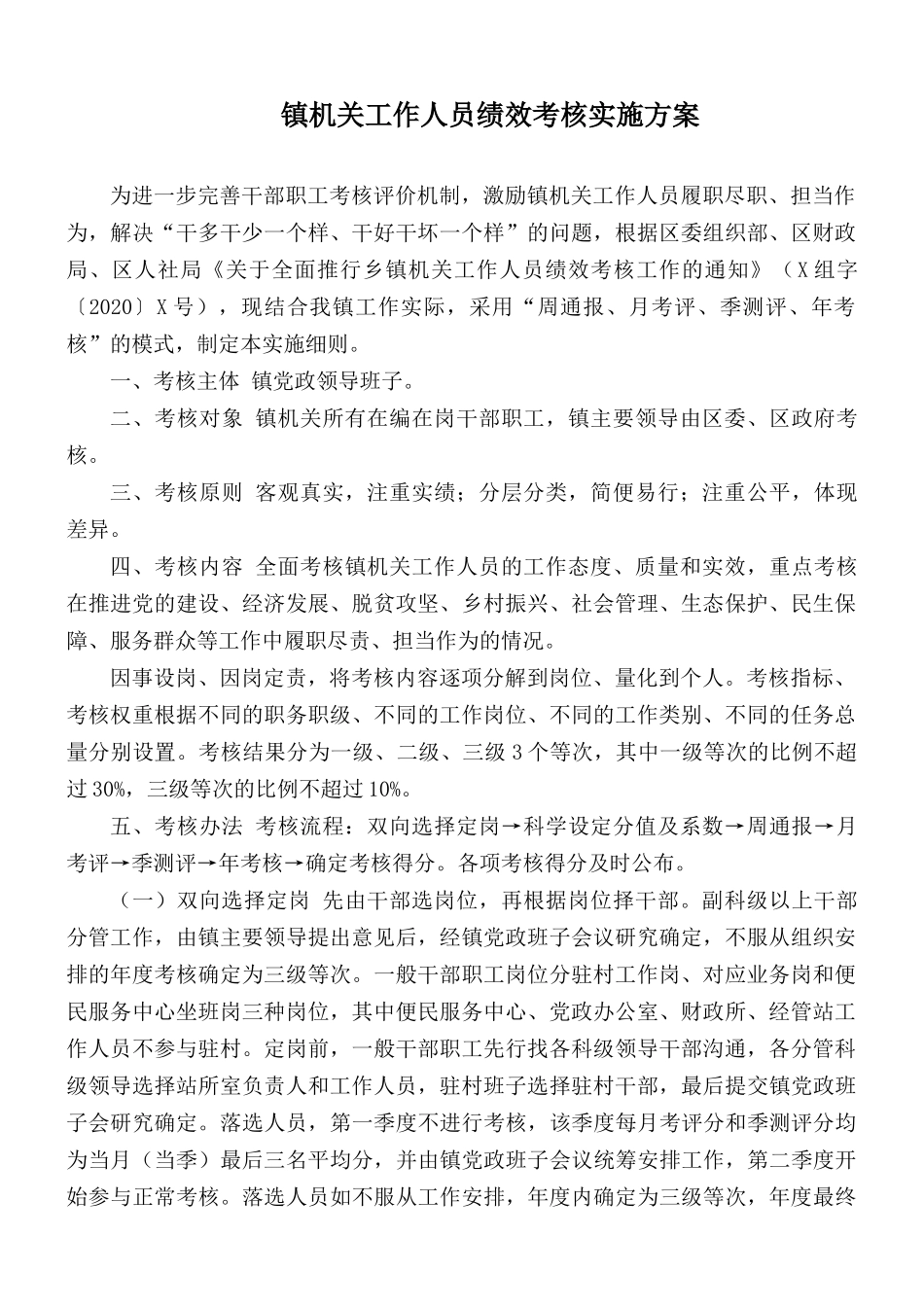 镇机关工作人员绩效考核实施方案.docx_第1页