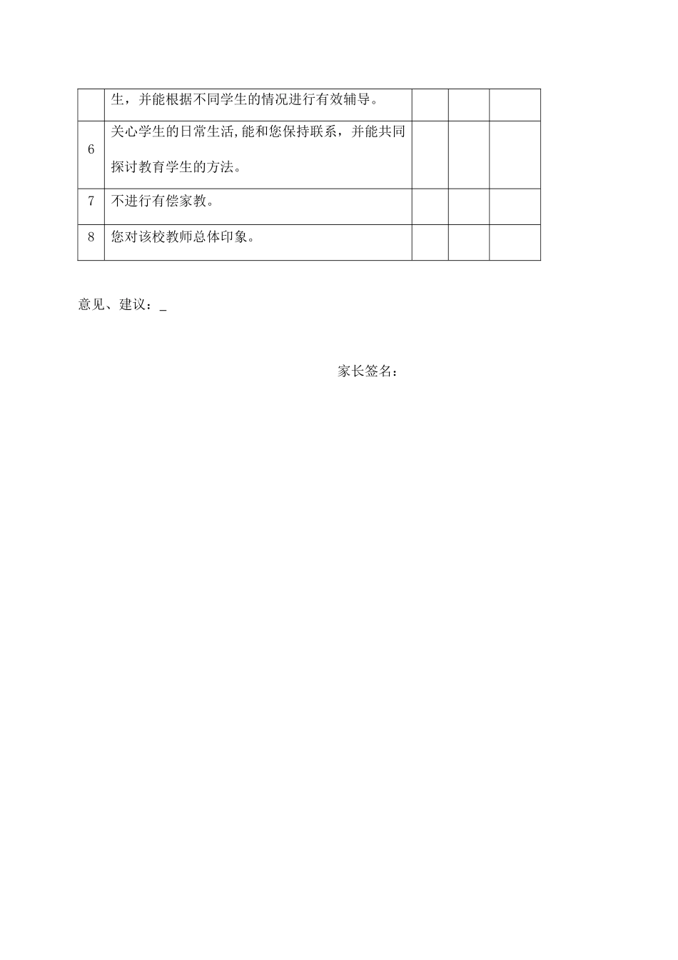 家长对学校教师师德满意度调查表.docx_第2页