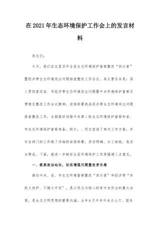 在2021年生态环境保护工作会上的发言材料.docx
