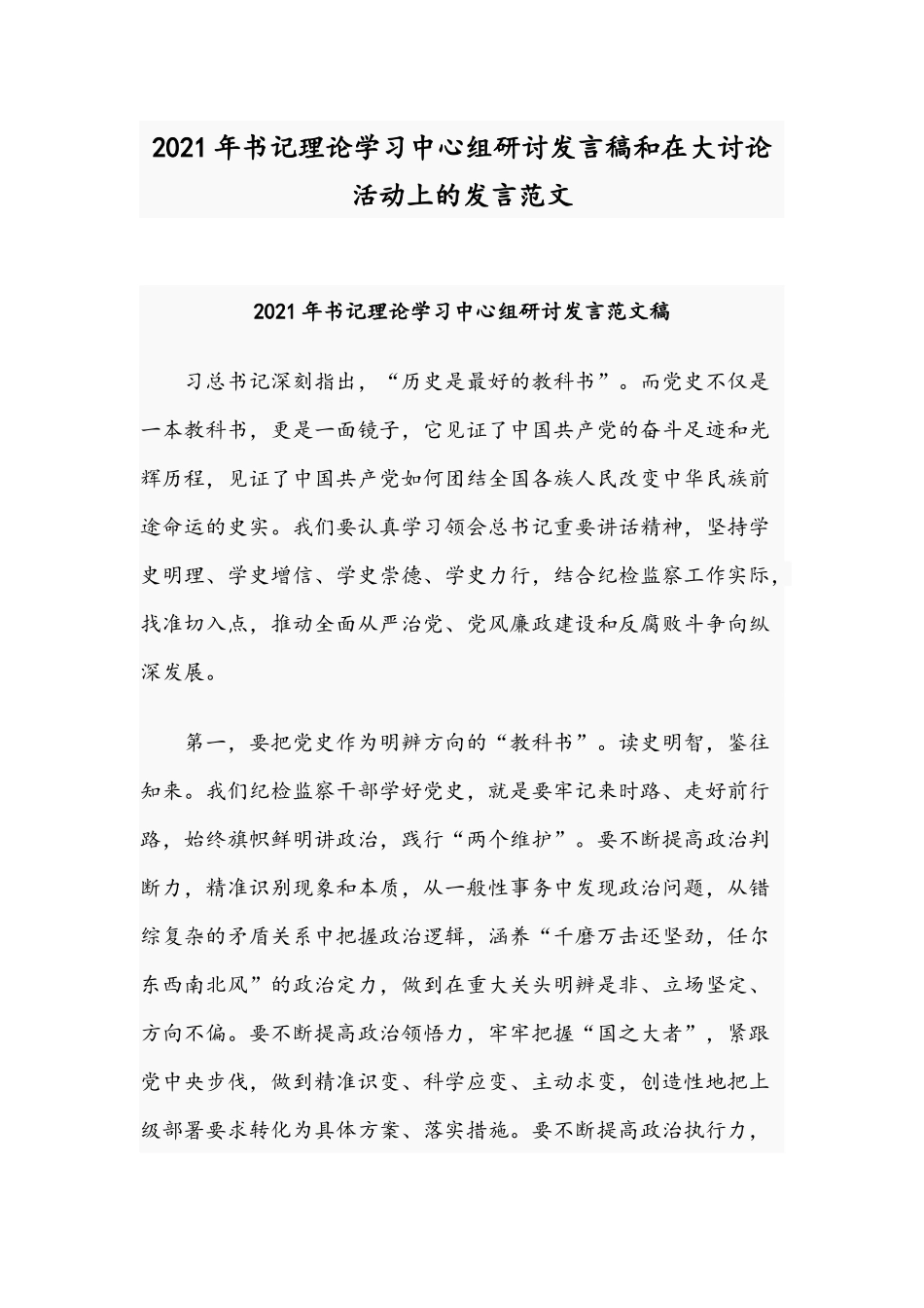 2021年书记理论学习中心组研讨发言稿和在大讨论活动上的发言范文.docx_第1页