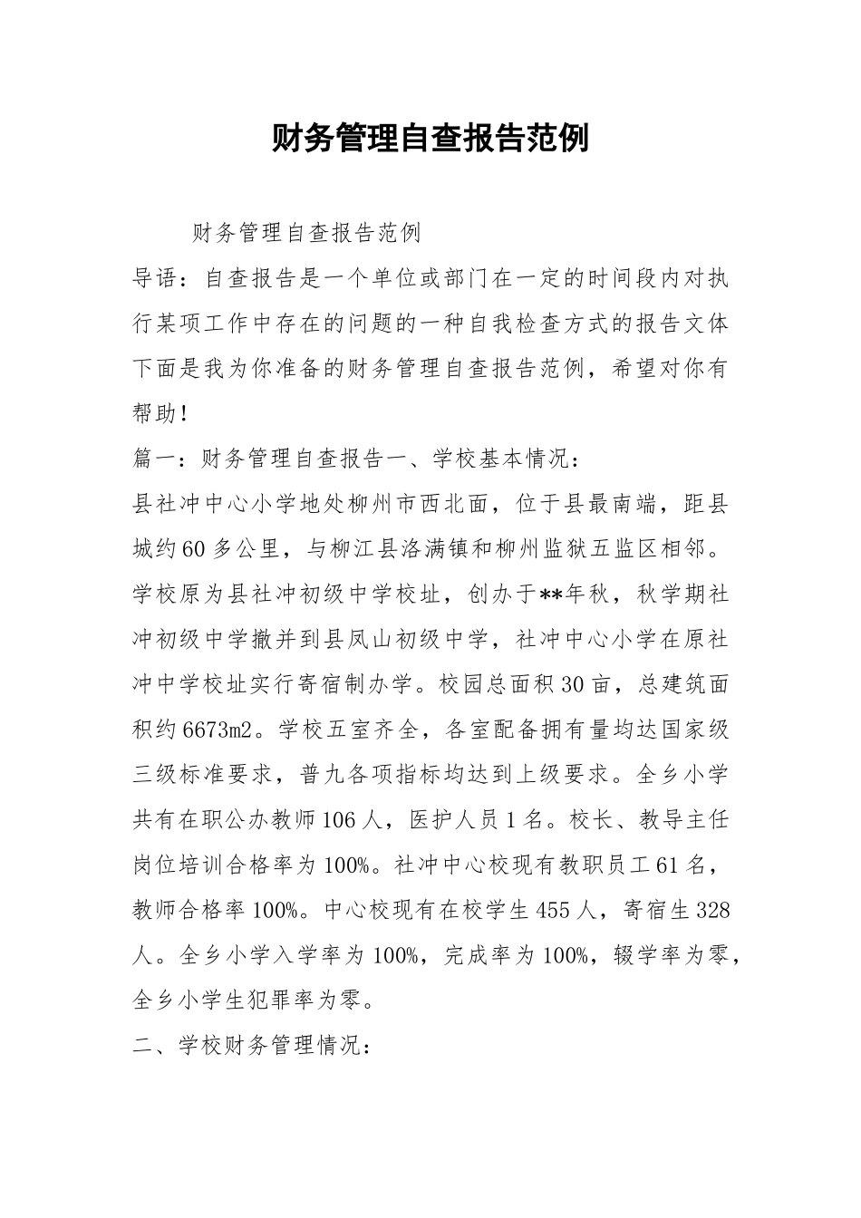 2021财务管理自查报告范例.docx_第1页