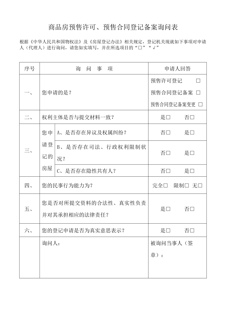 商品房预售许可、预售合同登记备案询问表.docx_第1页