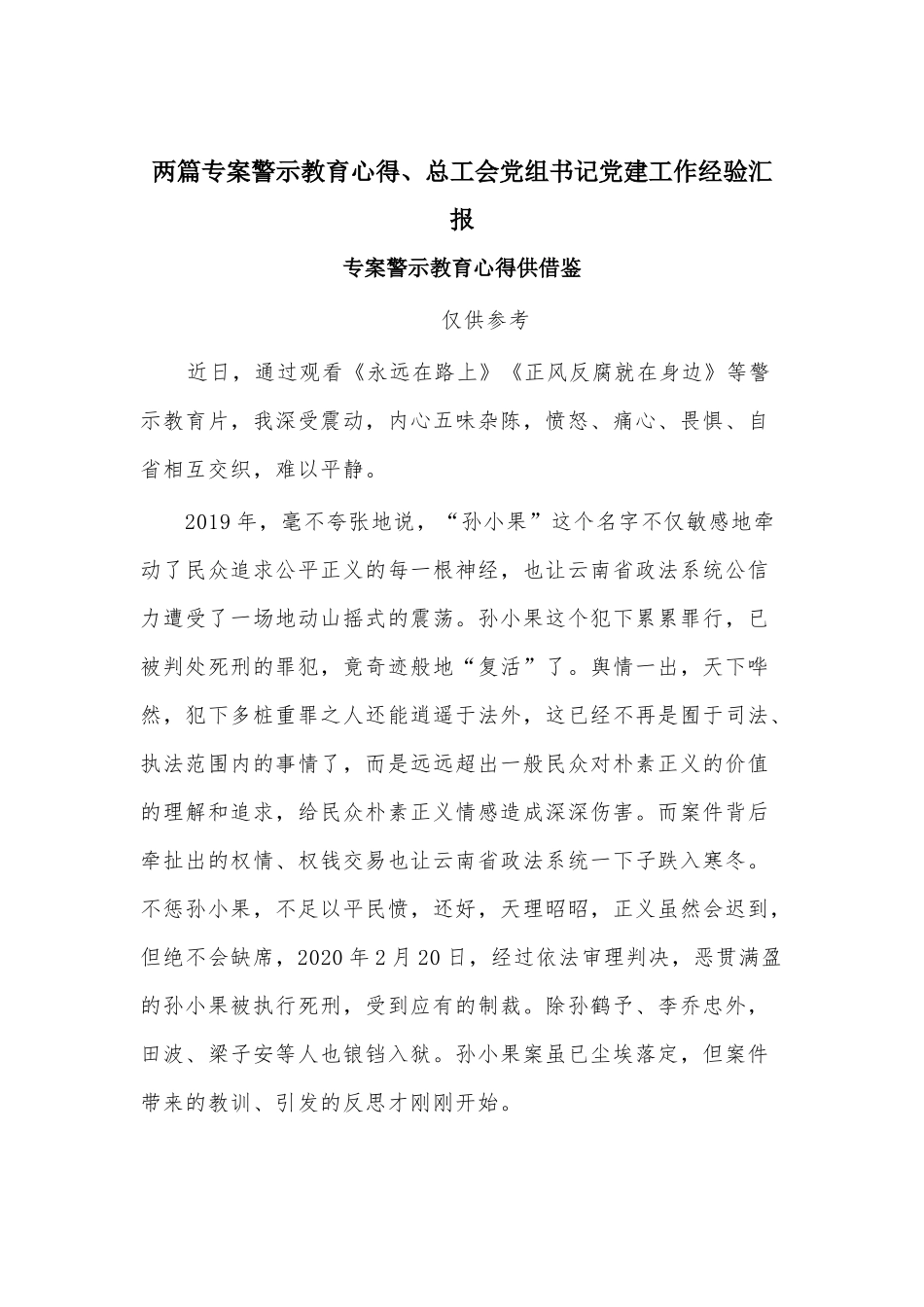 两篇专案警示教育心得、总工会党组书记党建工作经验汇报.docx_第1页