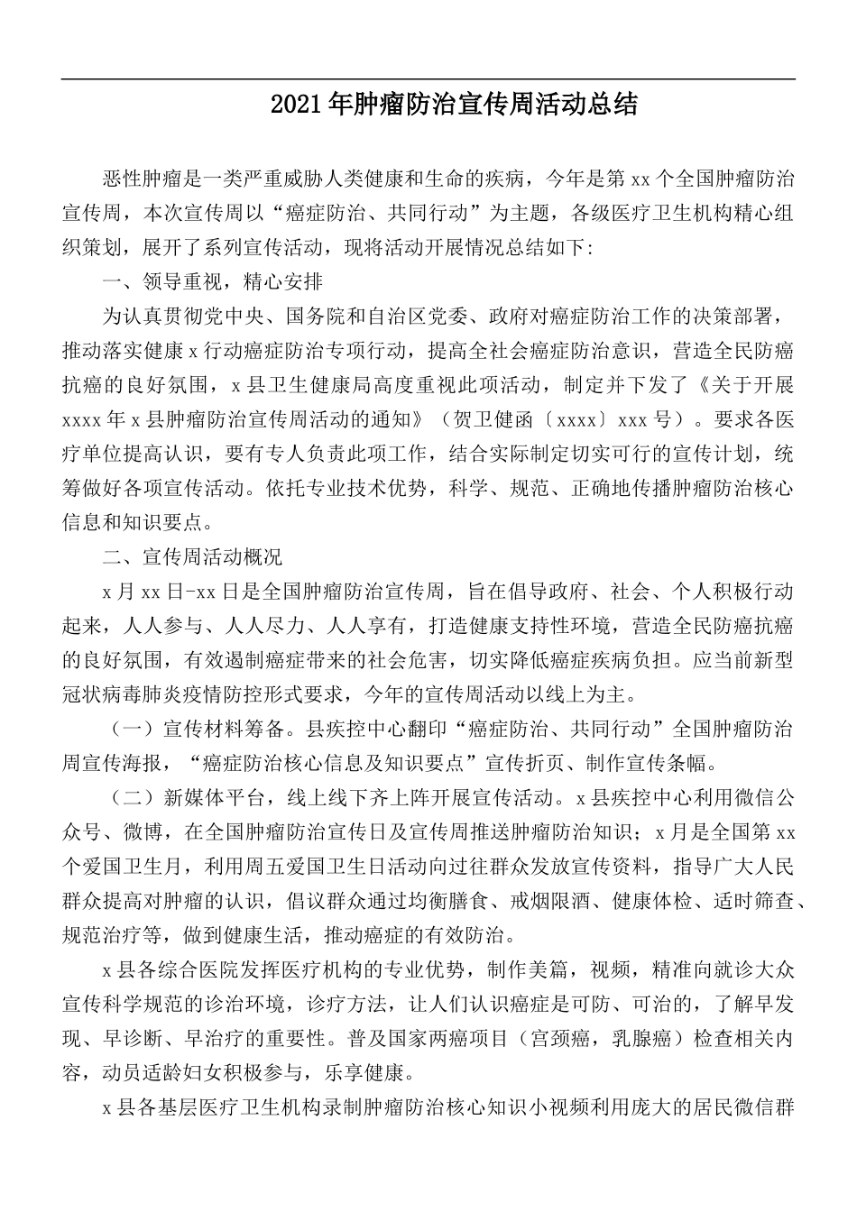 2021年肿瘤防治宣传周活动总结.docx_第1页