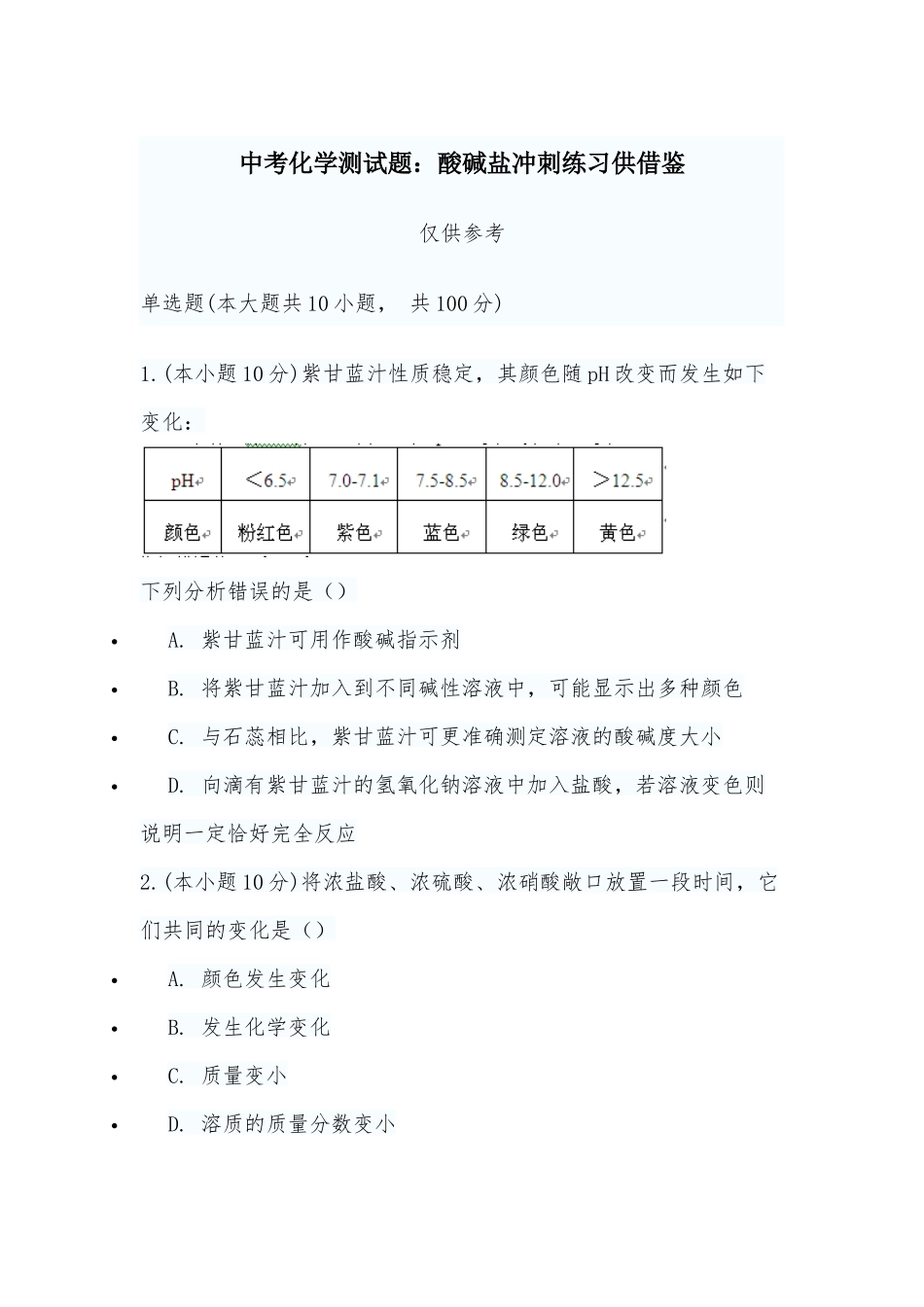 中考化学测试题：酸碱盐冲刺练习供借鉴.docx_第1页