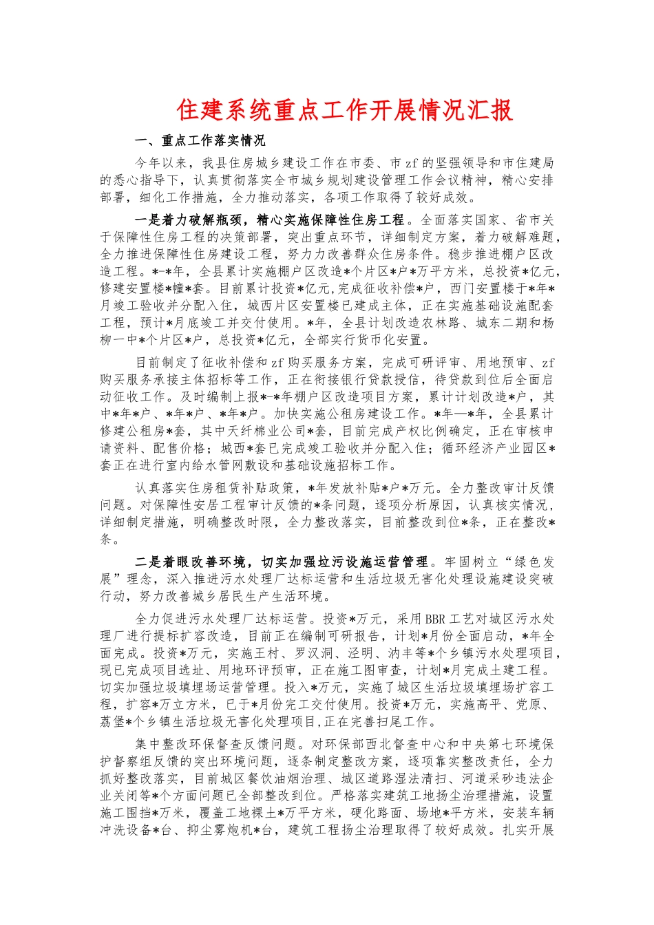 住建系统重点工作开展情况汇报.docx_第1页