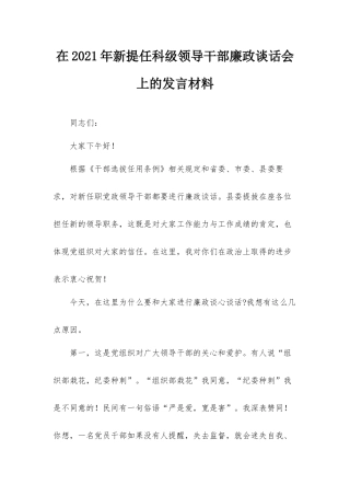 在2021年新提任科级领导干部廉政谈话会上的发言材料.docx