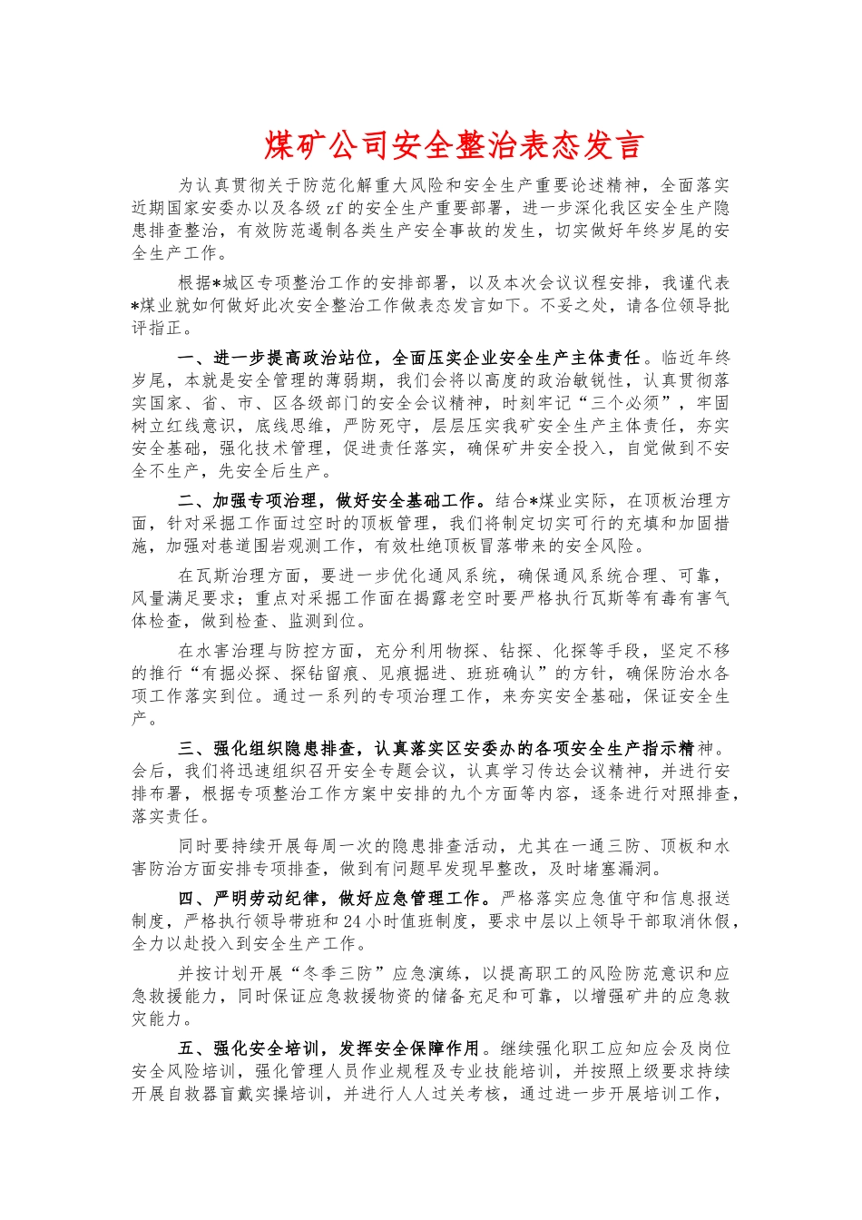煤矿公司安全整治表态发言.docx_第1页