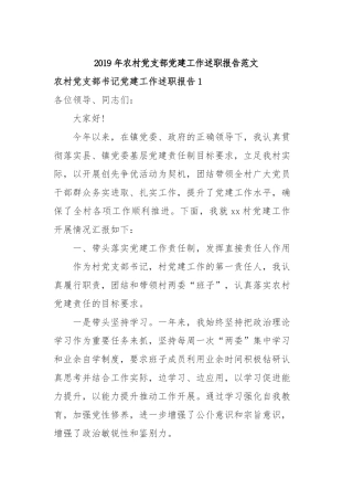 2019年农村党支部党建工作述职报告范文.docx