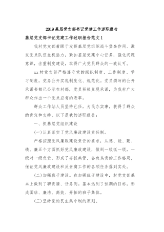 2019基层党支部书记党建工作述职报告.docx